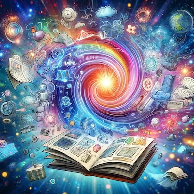 textbooks, media swirling around a spiraling rainbow in space
