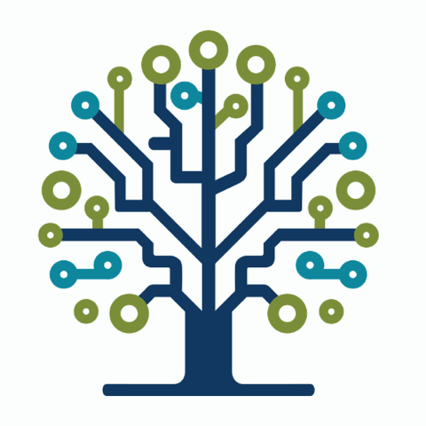 graphic of a tree with teal and green linear shapes