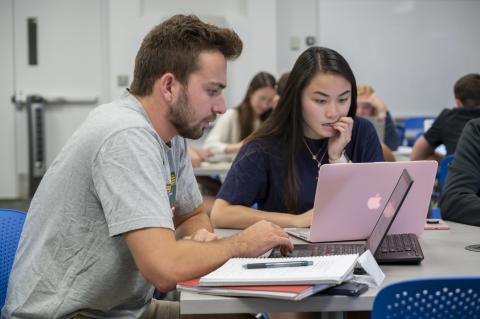 photo of two students working on laptops