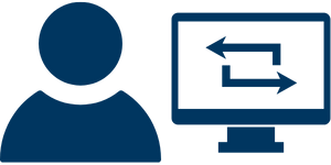 blue silhouette and computer monitor with arrows pointing left and right graphic