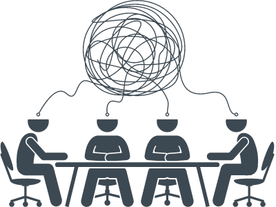 graphic of four people at a table with squiggly lines coming from their heads joining into a circle above them indicating brainstorming